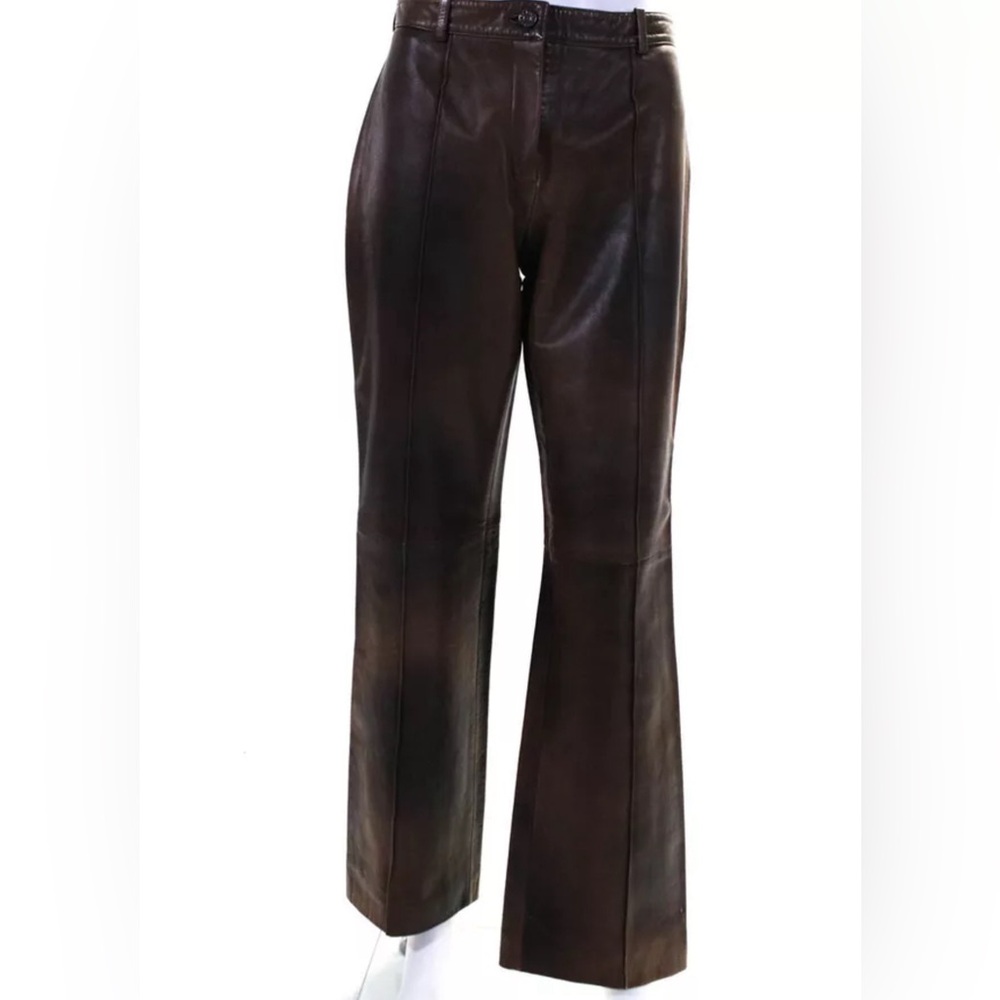 Celine  Zipper Fly High Rise Straight Leg Leather Pants Brown Size FR 40